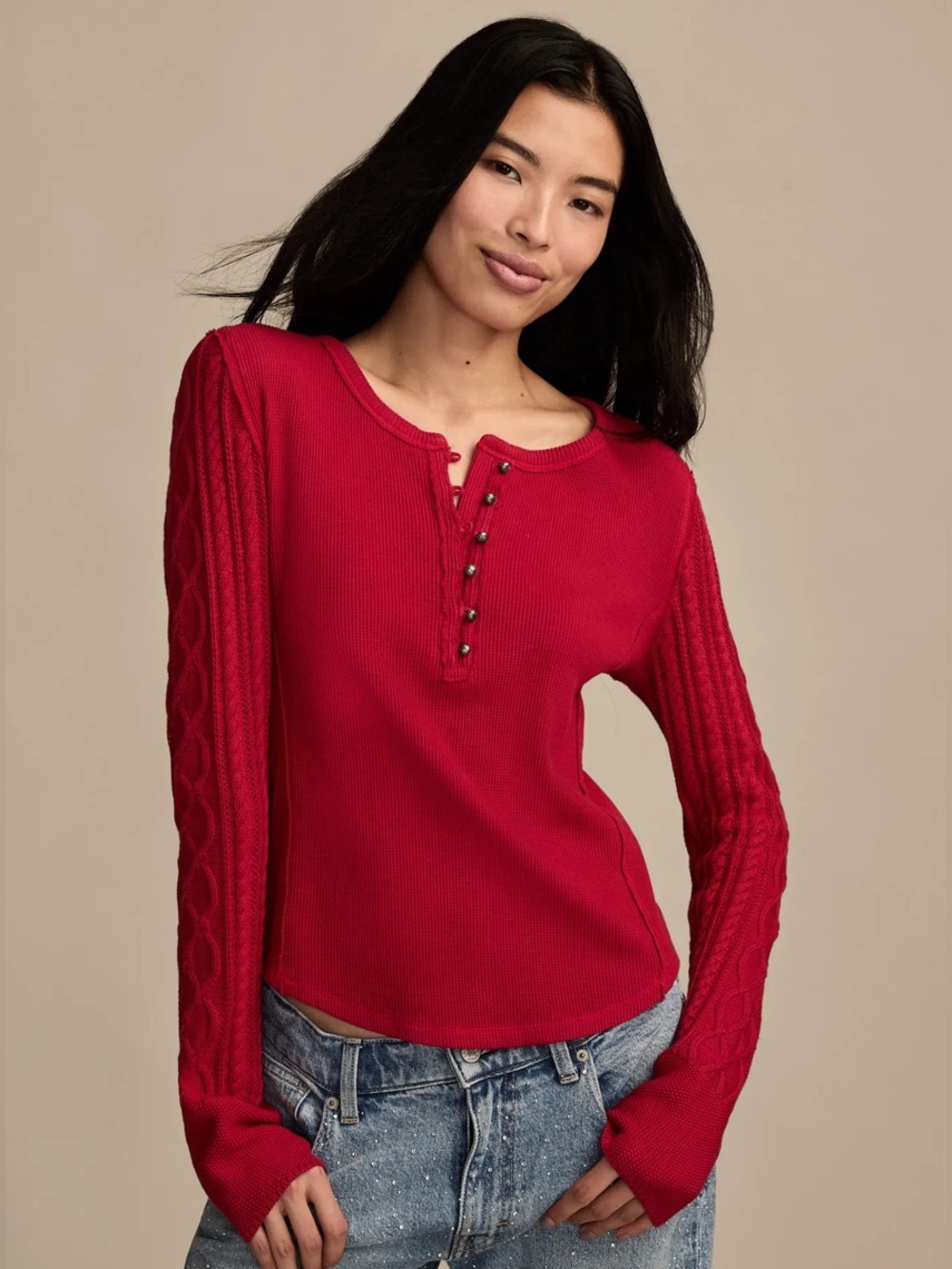 NWT Lucky Brand Textured Mixed Sleeve Henley Top Women’s XL Jester‎ Red